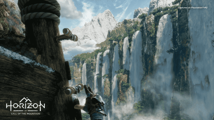 Ryas climbs a ladder and looks at a waterfall in Horizon Call of the Mountain.
