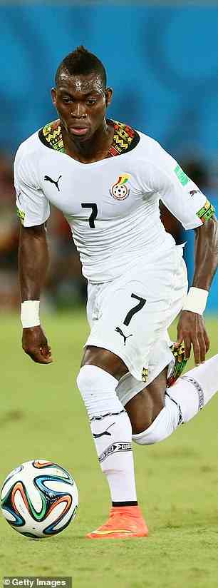 Der Flügelspieler bestritt 65 Länderspiele für Ghana und vertrat seine Nation bei der Weltmeisterschaft 2014