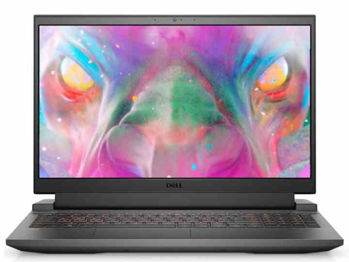 Der Dell G15 Gaming-Laptop mit einem farbenfrohen Wesen auf dem Bildschirm.
