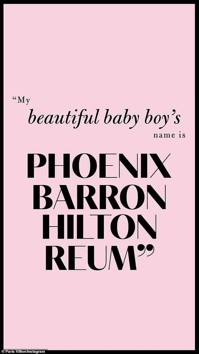 Aww: Hilton hat einen Clip von ihr geteilt, in dem sie den Namen über Instagram enthüllt.  Sie schrieb „Phoenix (blaues Herz-Emoji)“ in den Post