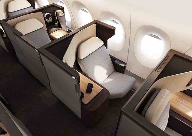 Business-Class-Passagiere haben Sitze (oben) mit Sichtschutztüren, zwei Meter (6 Fuß 5 Zoll) lange Flachbetten und „großzügigen“ Stauraum