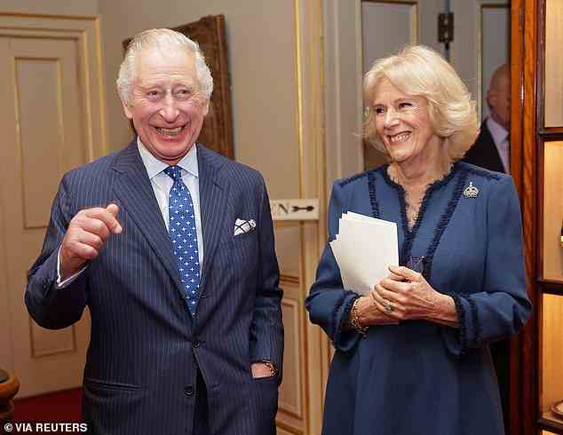 King Charles III and Queen Consort Camilla look jubilant during Thursday's events at Clarence House for the Reading Room's second anniversary