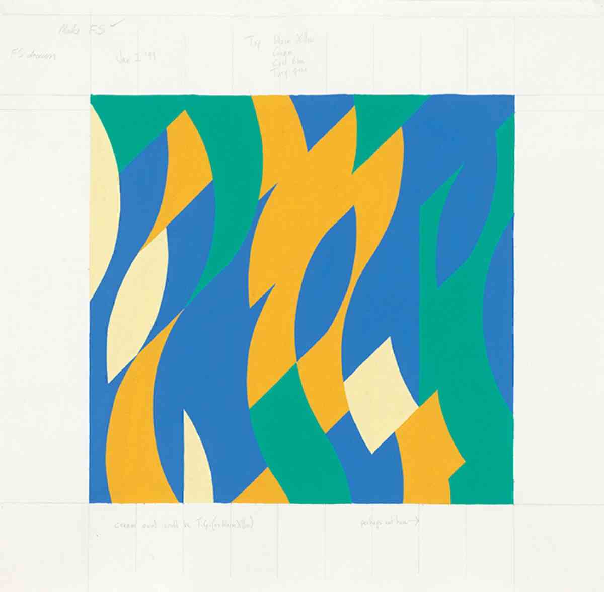 Ein Kunstwerk zeigt geometrische Formen in Blau, Blaugrün, Gelb und Weiß