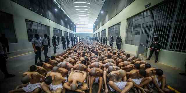 Gangmitglieder warten darauf, in ihre Zellen gebracht zu werden, nachdem sie in das Terrorism Confinement Center verlegt wurden, so der Präsident von El Salvador, Nayib Bukele, in Tecoluca, El Salvador, in diesem Handzettel, der am 24. Februar 2023 an Reuters verteilt wurde. 