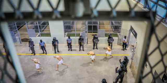 Gefängnisagenten beobachten Insassen, wie sie bei ihrer Ankunft behandelt werden, nachdem 2.000 Gangmitglieder in das Terrorism Confinement Center verlegt wurden, so El Salvadors Präsident Nayib Bukele in Tecoluca, El Salvador, in diesem Handout, das am 24. Februar 2023 an Reuters verteilt wurde.