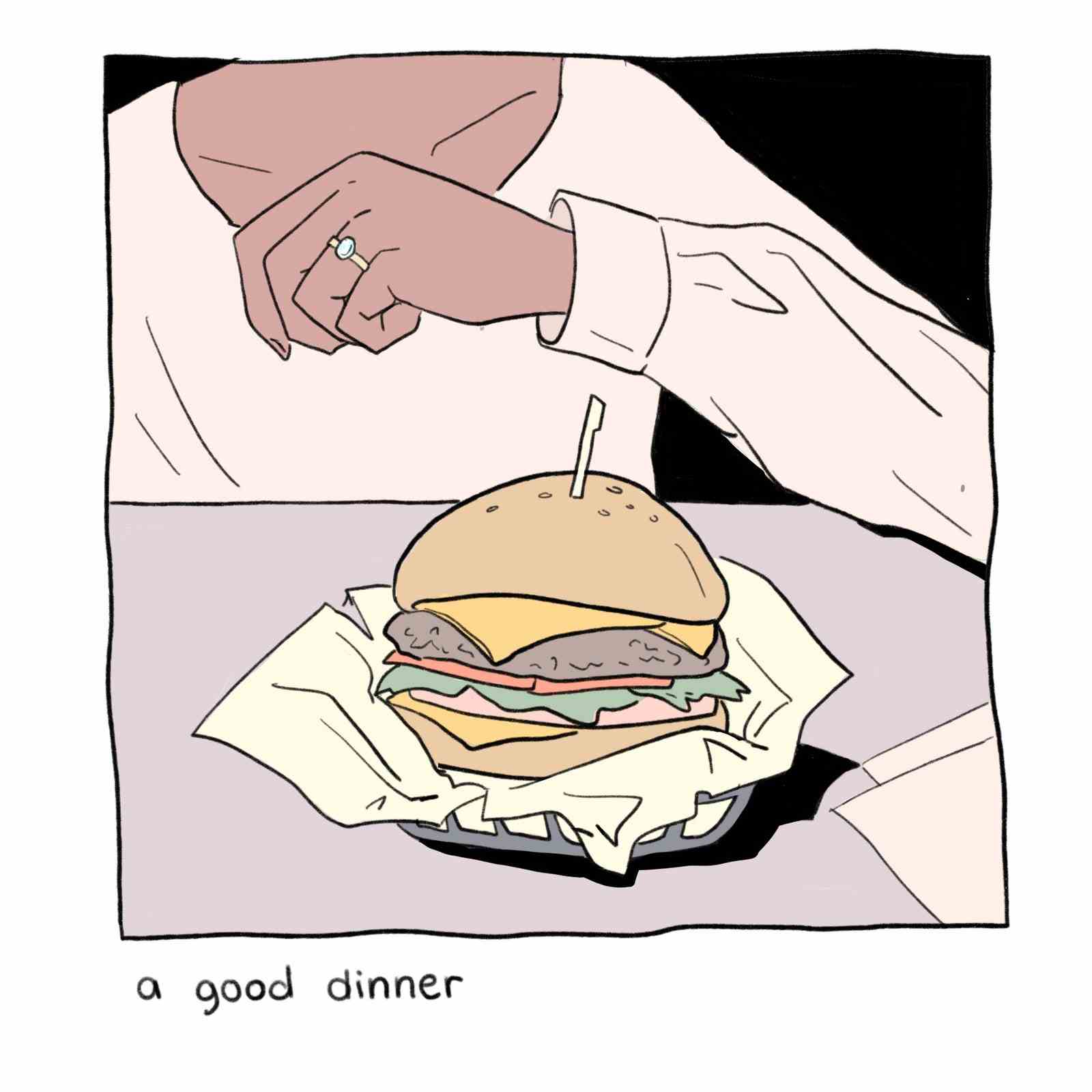 Eine Illustration mit einem Cheeseburger im Vordergrund und einer Frauenhand mit einem Verlobungsring im Hintergrund.