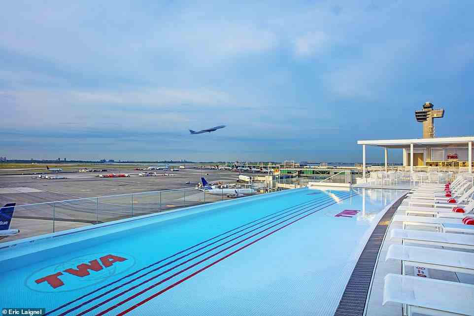 The TWA Hotel features a stunning infinity pool with breathtaking views of planes taking off and taxiing