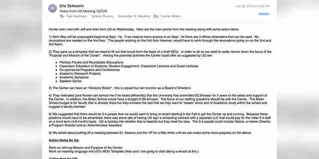 Hunter Bidens langjähriger Geschäftspartner Eric Schwerin schickte im Juli 2016 eine E-Mail, in der er detailliert ein Treffen mit Beamten der University of Delaware über die Pläne des damaligen Vizepräsidenten Biden nach seiner Amtszeit als Vizepräsident beschrieb.