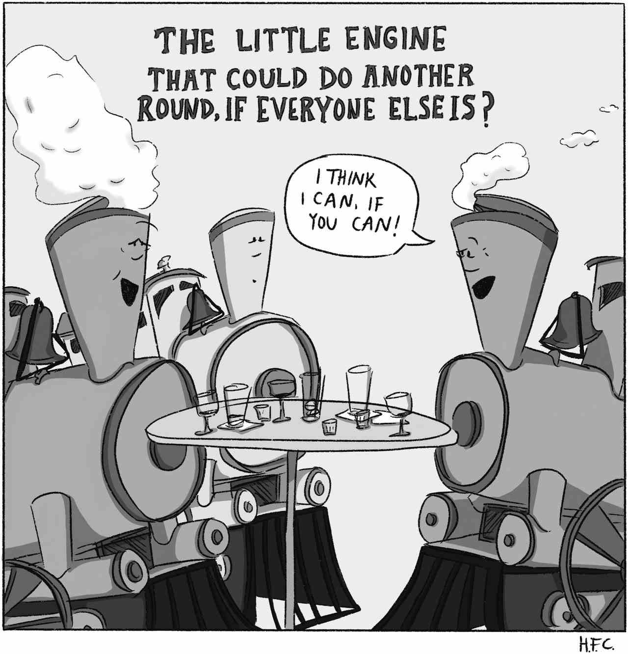 The Little Engine trinkt mit Freunden.