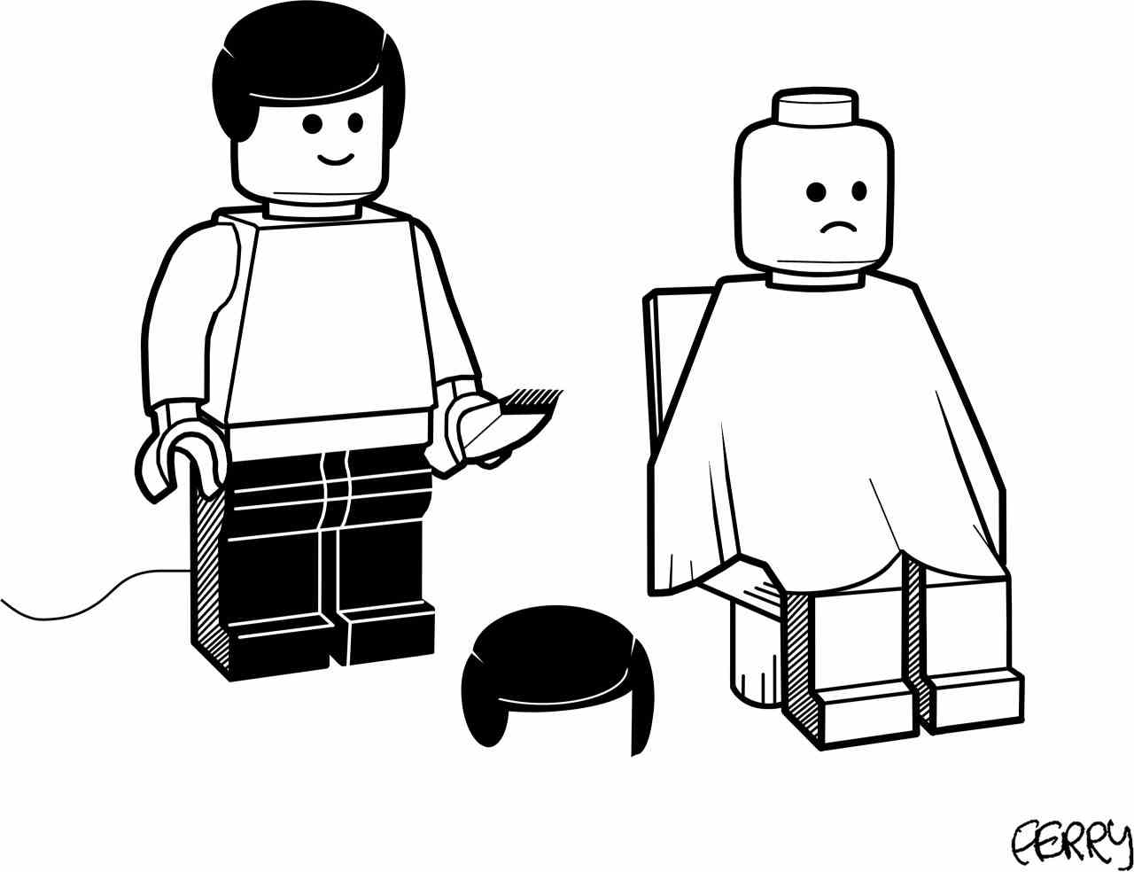 Lego-Person verärgert, weil Friseur ihr Lego-Haarteil abrasiert hat.