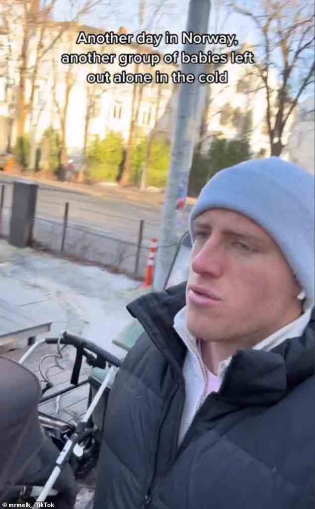 Olly Bowman, 22, aus Australien, wurde viral, nachdem er ein Video von ungefähr einem Dutzend Babys geteilt hatte, die draußen in ihren Kinderwagen bei eisigen Temperaturen in Norwegen schliefen