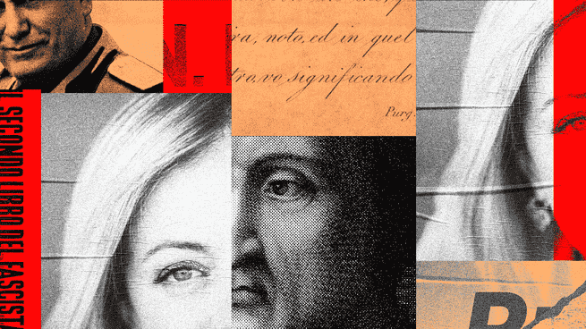eine Collage aus Giorgia Meloni, Mussolini, Dante