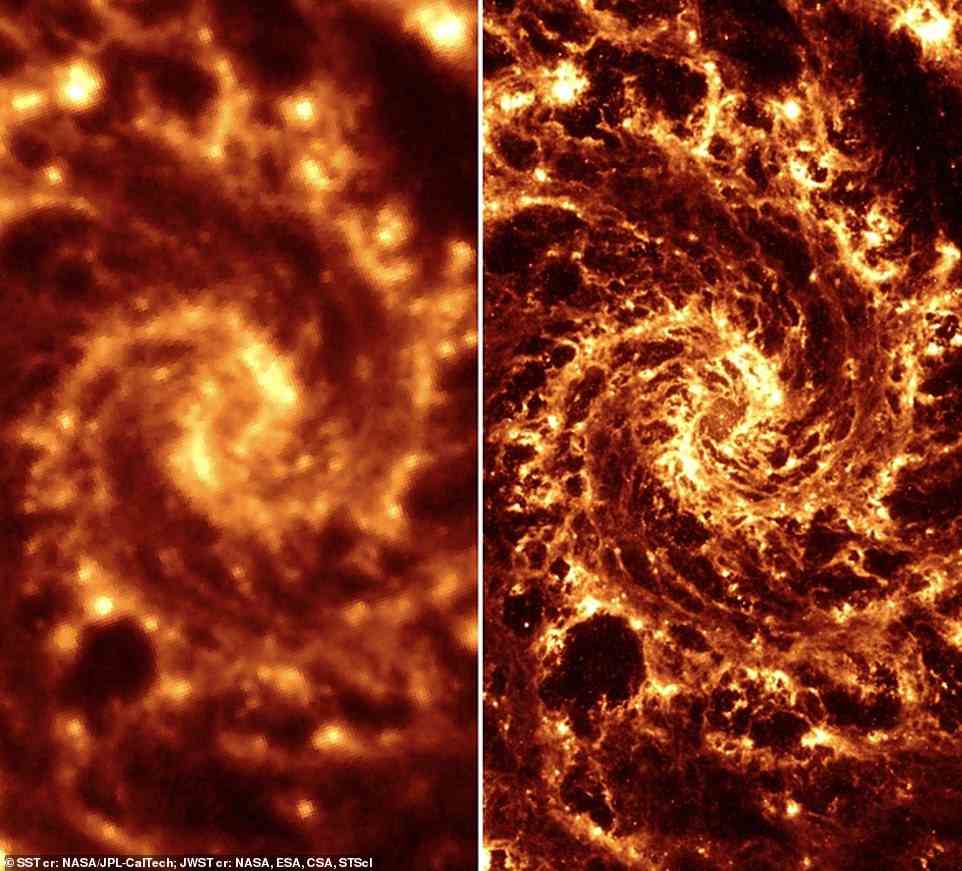 Vergleich: Diese Bilder zeigen die bemerkenswerte Steigerung der Klarheit und Detailtreue, die Webb beim Betrachten der Phantomgalaxie (links) im Gegensatz zu den Bildern des 2003 gestarteten Spitzer-Weltraumteleskops (links) liefern kann 2020 in den Ruhestand