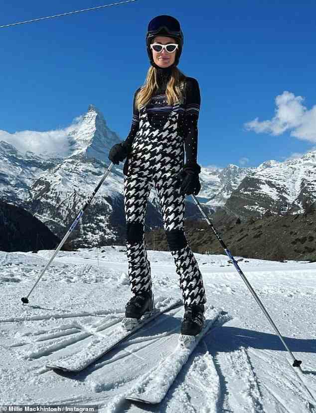 Stil: Millie Mackintosh, 33, machte an diesem Wochenende mit Ehemann Hugo Taylor eine stilvolle Figur, als sie einen verschneiten Kurzurlaub in der Schweiz genoss