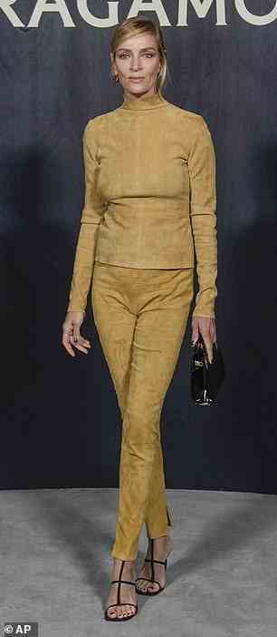 Sieht gut aus: Uma Thurman machte eine trendige Figur, als sie am Samstag zur Ferragamo Womenswear Show für die Mailänder Modewoche kam