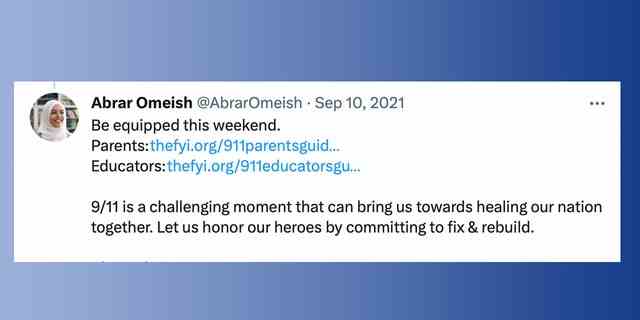 Abrar Omeish twittert zur Unterstützung des Lehrplanleitfadens für die Unterrichtspläne der Lehrer in Fairfax am Tag vor dem 11. September.