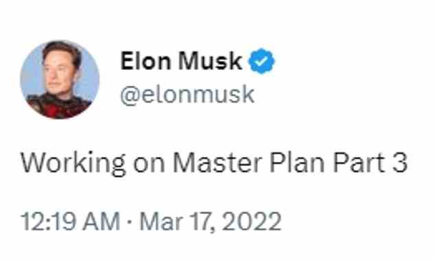 Musk enthüllte die Idee seines Masterplans 3 im vergangenen März und stellte fest, dass es sich um Themen wie „Skalierung“ handeln würde [production] zu extremer Größe, die erforderlich ist, um die Menschheit weg von fossilen Brennstoffen und KI zu bringen.