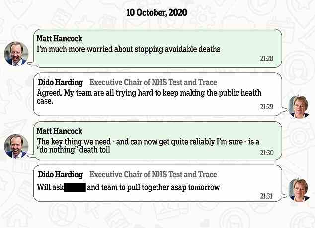The Telegraph points to a message from Mr Hancock to Dido Harding, the then-boss of NHS Test and Trace, in which he asked for a 'do nothing' death toll figure. The newspaper suggests this was the basis for scientists projecting 4,000 deaths
