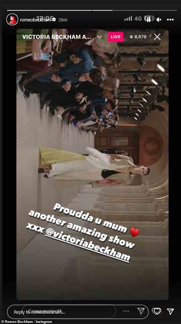 Support from afar: Victoria's son Romeo sent his best wishes as he watched her catwalk show on her Instagram live video