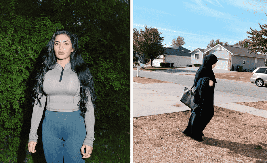 2 Fotos: Frau mit langen, gewellten schwarzen Haaren in Sportkleidung;  Frau in Hijab und Abaya trägt eine Handtasche, die über trockenen Rasen neben der Auffahrt mit anderen Häusern dahinter geht