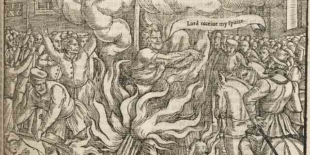 Abbildung zeigt die "Brennen von John Rogers" aus "Akte und Denkmäler," besser bekannt als Foxes Buch der Märtyrer, 1503