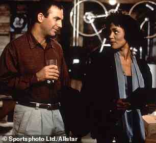 Kevin Costner and Whitney Houston star together as Frank Farmer and Rachel Marron in The Bodyguard (1992)