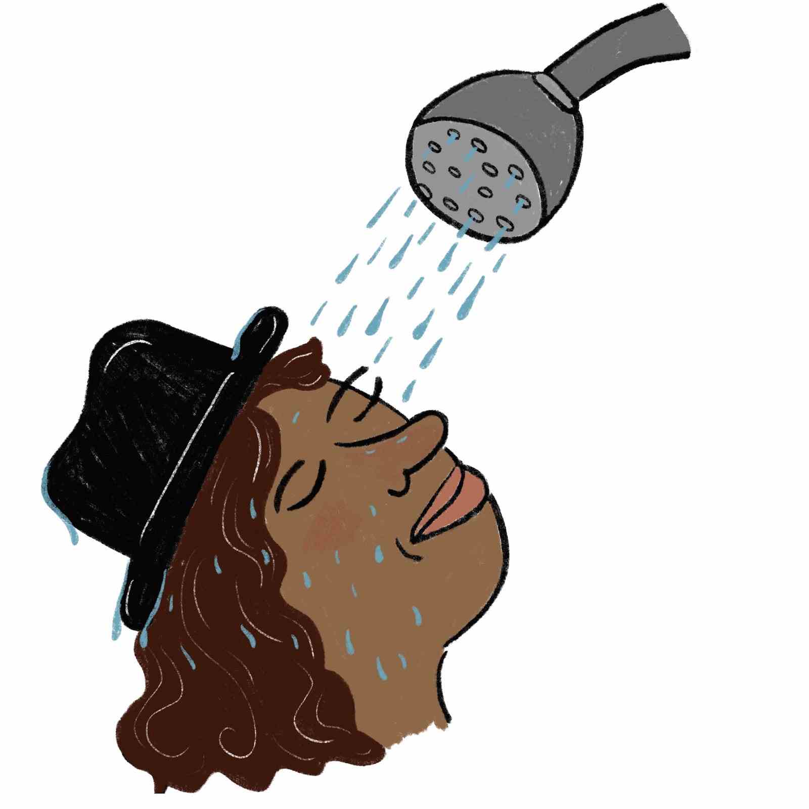 Frau beim Duschen mit Hut.