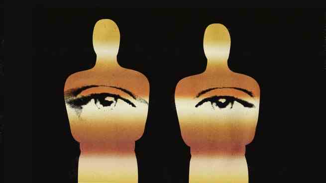 Eine Illustration von zwei Oscar-Preisen mit einem darüber gelegten Augenpaar