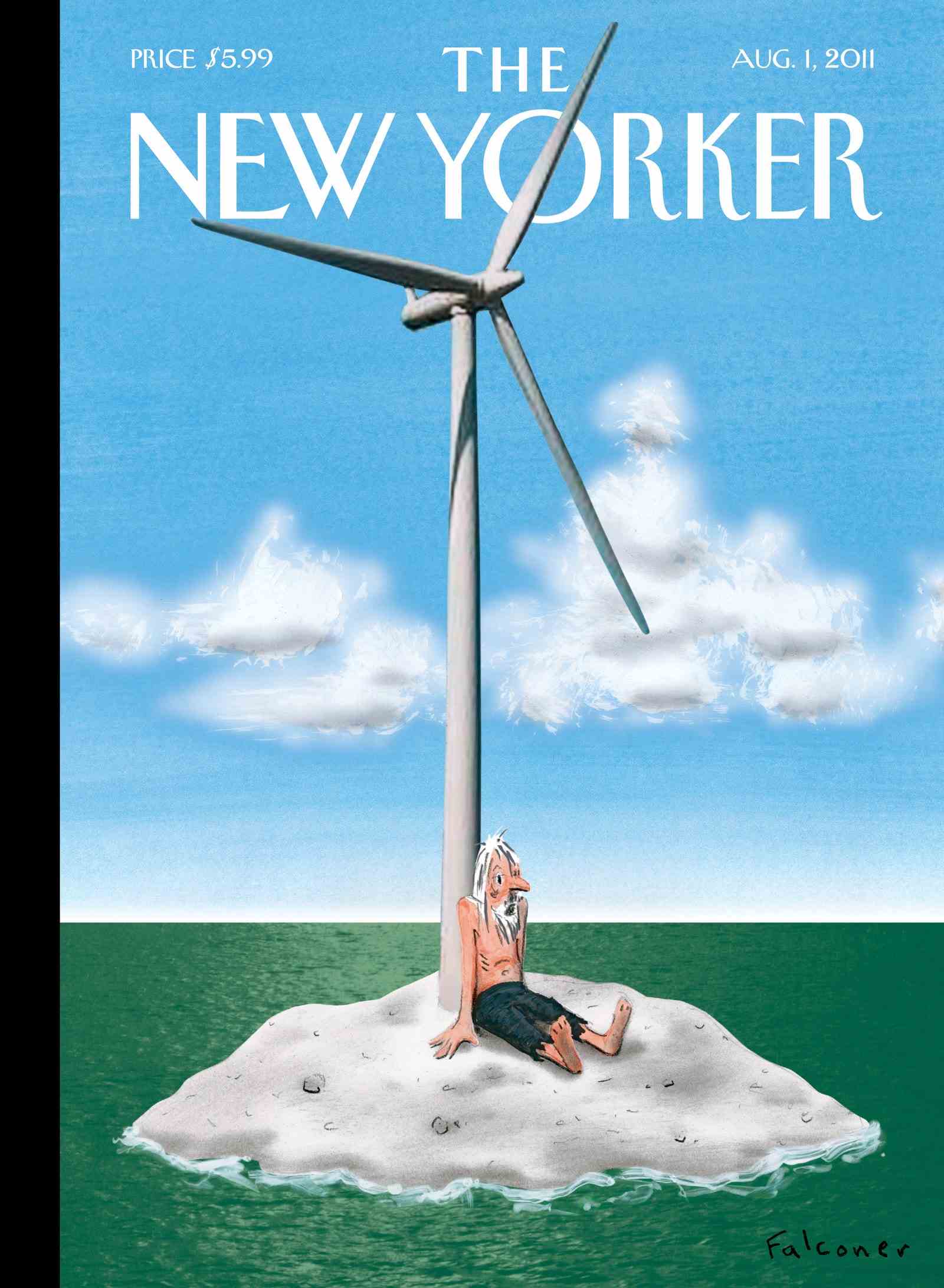 Ein bärtiger Mann sitzt auf einer kleinen Insel mit einer modernen Windmühle.