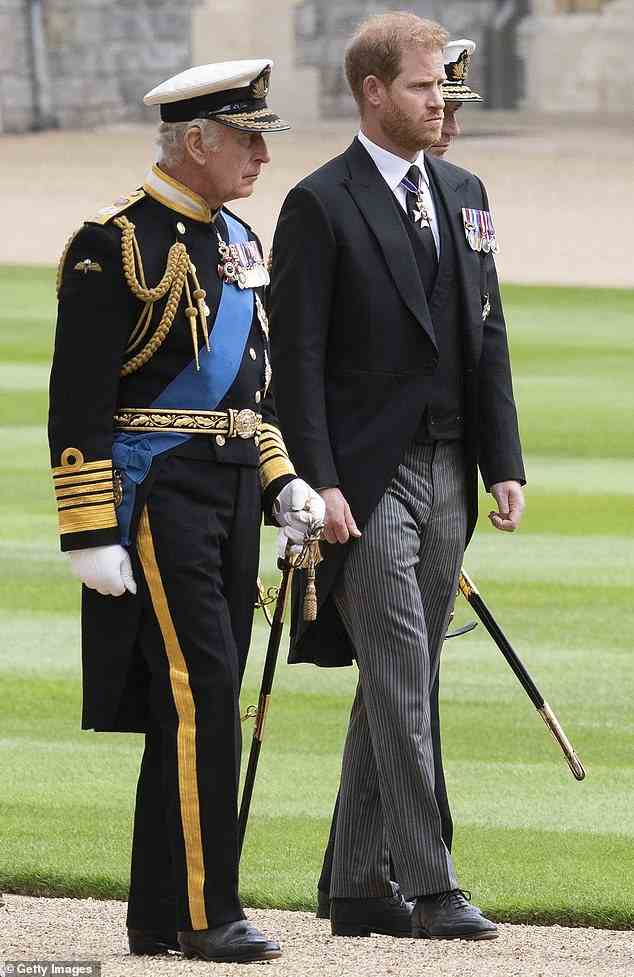 The King told Prince Harry that his children would be allowed to use the titles in a 'private conversation' after the Queen's funeral last year (pictured)