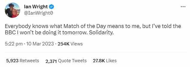 Fellow football pundit Ian Wright today tweeted that he would also shun presenting Match of the Day while the ban is in place, expressing 'solidarity' with his co-host