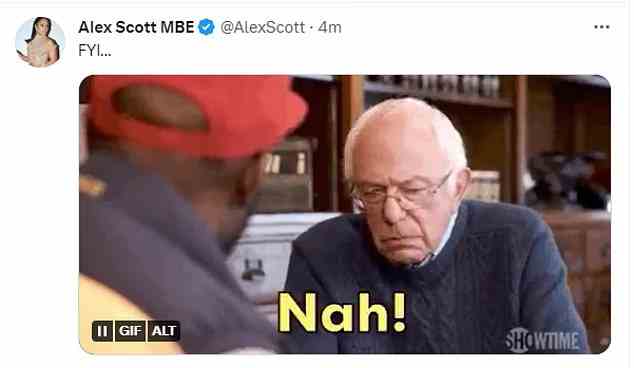 Alex Scott has also ruled herself out of tomorrow's show, sharing a meme with the word 'nah'