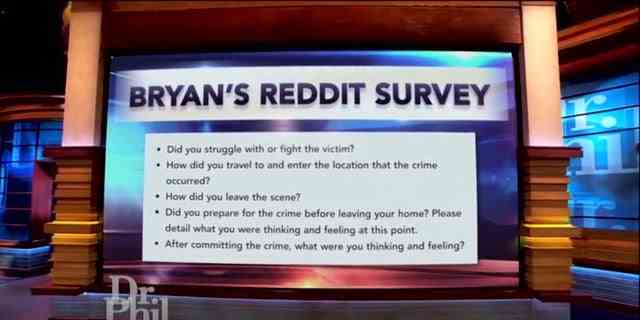 Dr. Phil zeigt seinem Publikum die Reddit-Umfrage, die von dem Mordverdächtigen aus Idaho gepostet wurde.