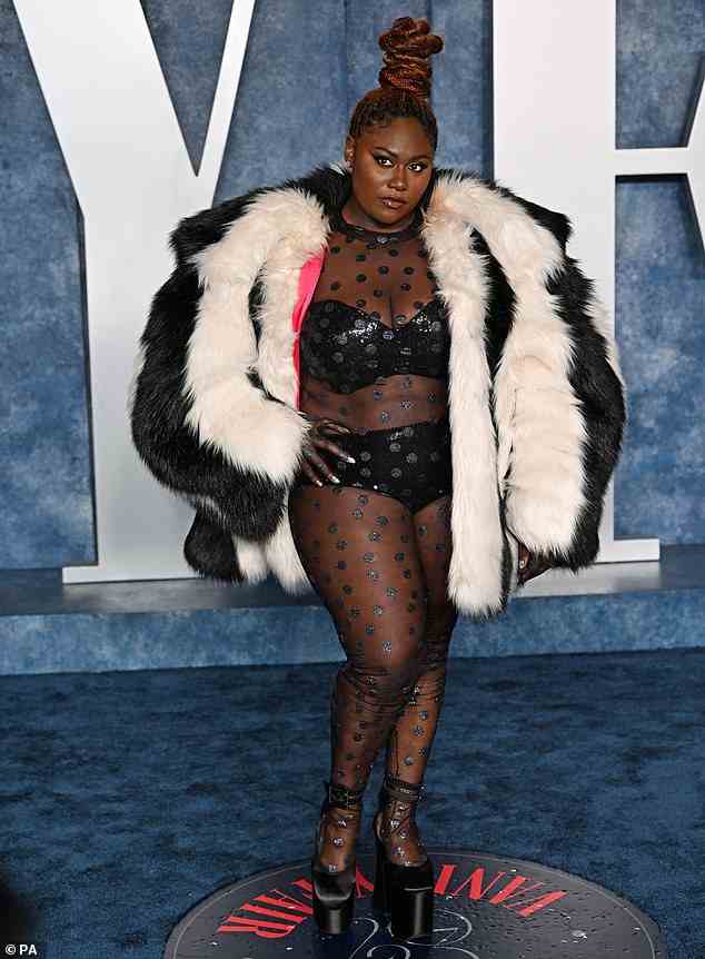 Orange is the New Black star Danielle Brooks also wore a skimpy ensemble, opting for a sheer polkadot bodysuit which revealed her underwear beneath it