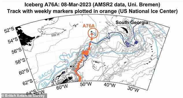 Es besteht die Befürchtung, dass die A76A nach Osten in Richtung Südgeorgien fliegen und in den flachen Gewässern ihres Festlandsockels stecken bleiben könnte oder möglicherweise zu den nahe gelegenen Inseln namens Shag Rocks fahren könnte
