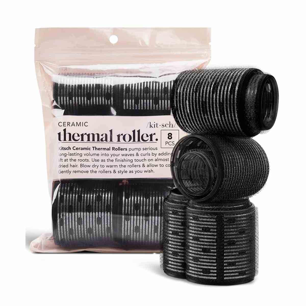 Kitsch Ceramic Thermal Hair Rollers schwarze Klettrollen und blassrosa Tasche auf weißem Hintergrund