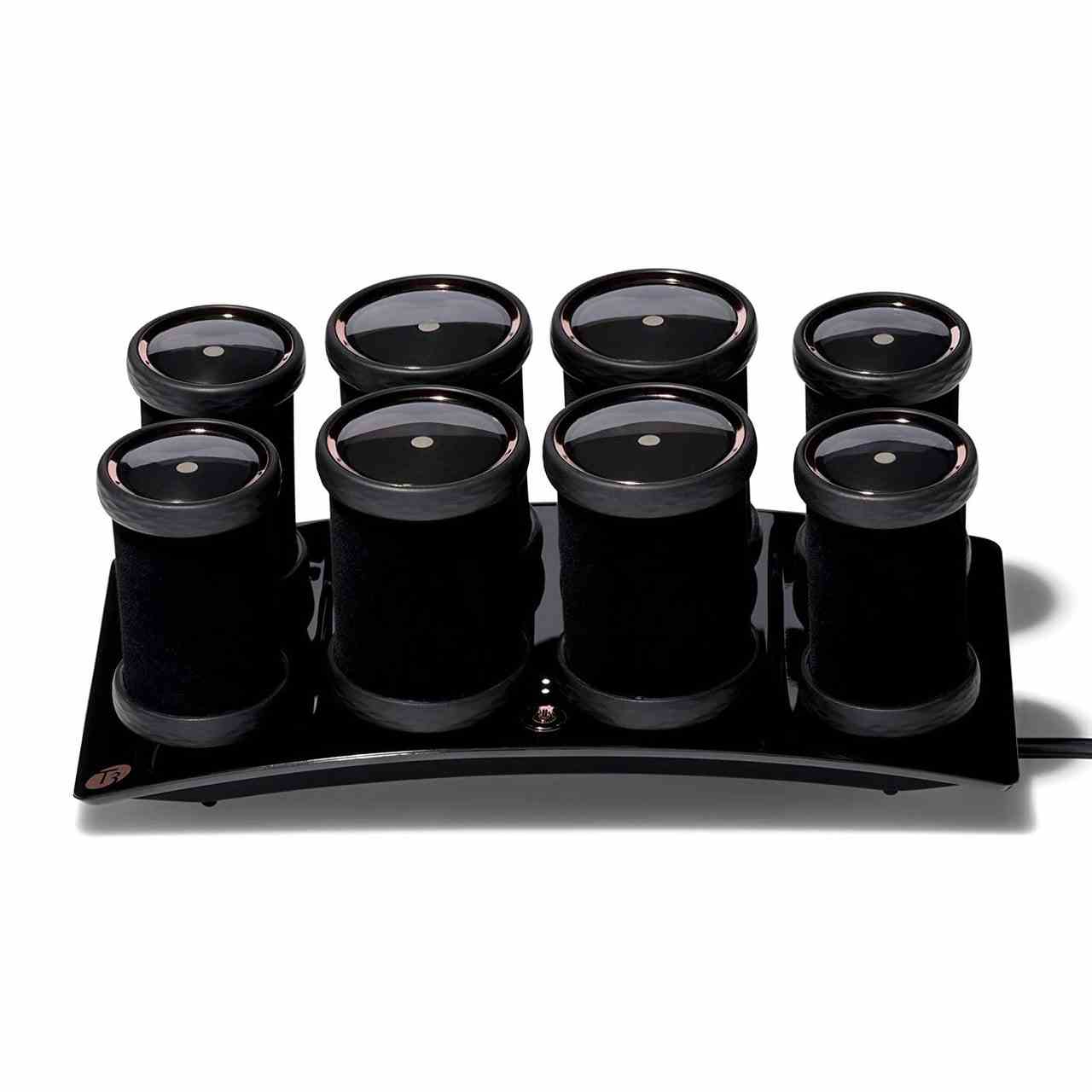 T3 Volumizing Hot Rollers Luxuriöses schwarzes Set heißer Rollen auf weißem Hintergrund