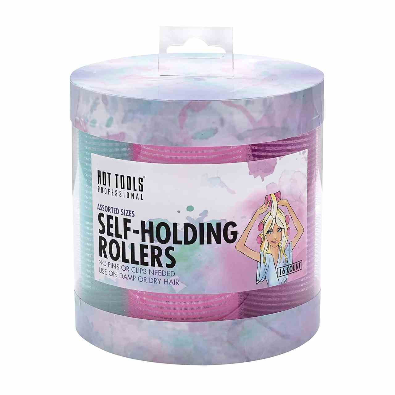 Hot Tools Velcro Self Holding Rollers violetter Aquarell-Zylinderbehälter mit Klettrollen auf weißem Hintergrund