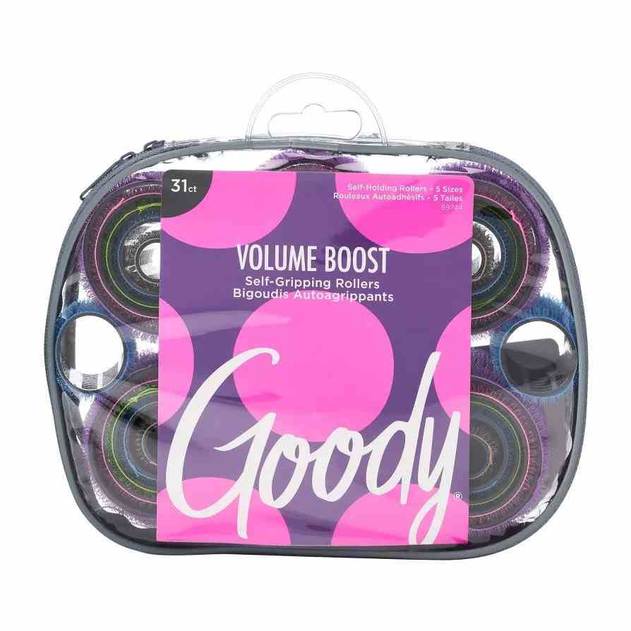 Goody Start Style Finish Self-Holding Hair Roller durchsichtige Reisetasche mit mehrfarbigen Lockenwicklern mit lila und rosa gepunktetem Etikett auf weißem Hintergrund