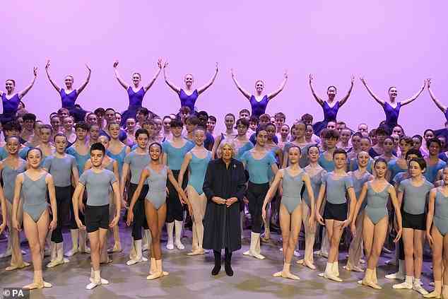 Camilla posed with the dancers on stage after being treated to incredible performances from pupils