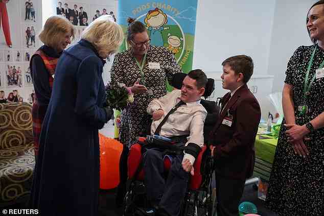 Camilla met Luke Pearce, Joanne Smith and her son Rhys - ambassadors of Parents Opening Doors (PODS), during the visit to the Southwater One