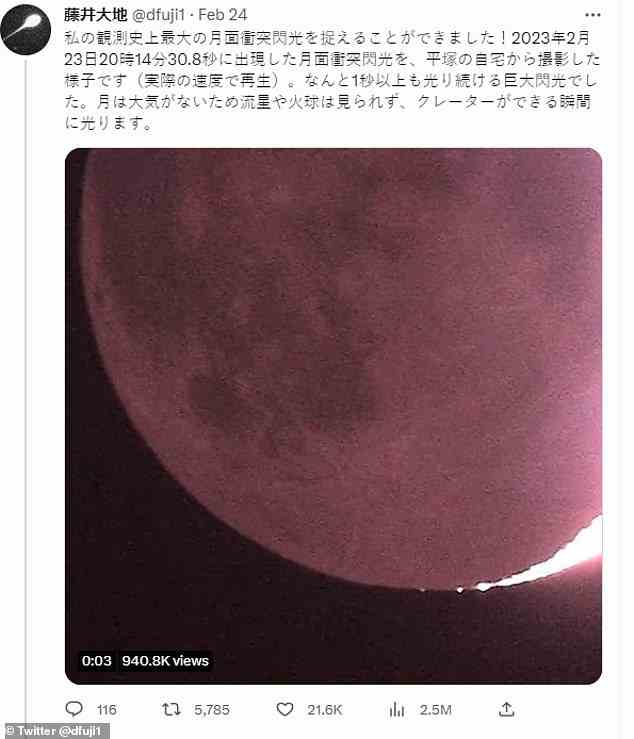 Herr Fuji behauptet, das Objekt sei in der Nähe des Kraters Ideler L in die Mondoberfläche eingeschlagen