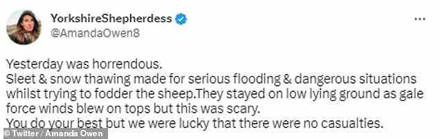 Amanda Owen erinnerte sich an einen „beängstigenden“ Moment auf der Farm in dieser Woche, als Graupel und auftauender Schnee zu gefährlichen Bedingungen für sie und die Schafe führten, die sie zu füttern versuchte
