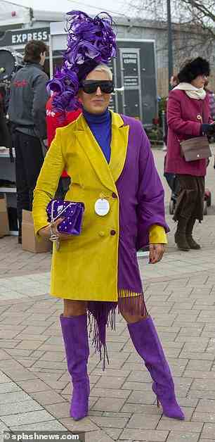 This glam guest opted for a bold yellow and purple colour block coat