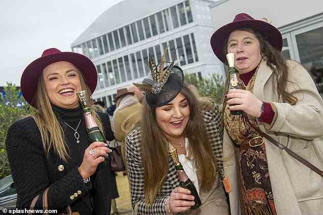 Peacock fascinators and fedoras were all the rage at Cheltenham Ladies Day. Pictured: Guests enjoying a drink in between races