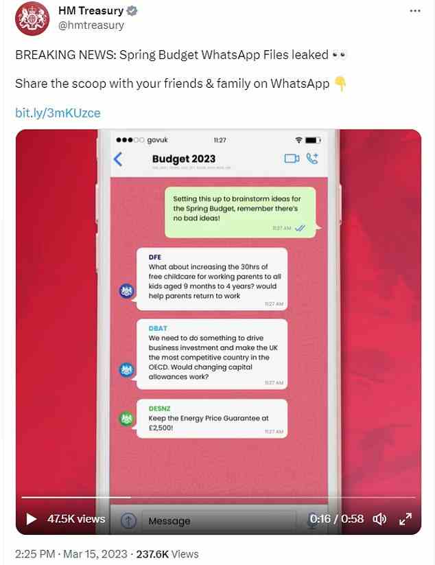 Neben dem Video hat das Finanzministerium auf Twitter gepostet: „BREAKING NEWS: WhatsApp-Dateien für das Frühjahrsbudget sind durchgesickert.  Teilen Sie die Neuigkeiten mit Ihren Freunden und Ihrer Familie auf WhatsApp.“