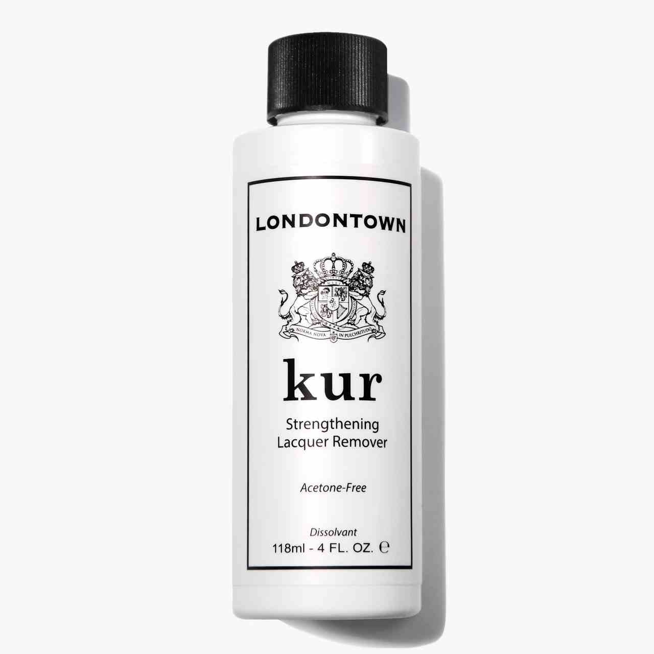 Londontown Stärkung Lackentferner weiße Flasche mit schwarzem Deckel auf weißem Hintergrund