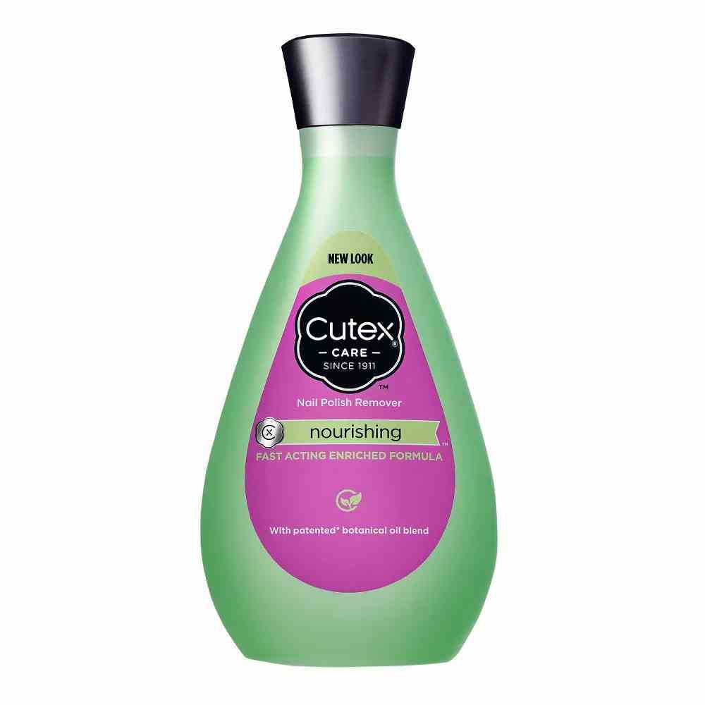 Cutex Nourishing Nail Polish Remover grüne Flasche mit rosa Etikett und schwarzer Kappe auf weißem Hintergrund