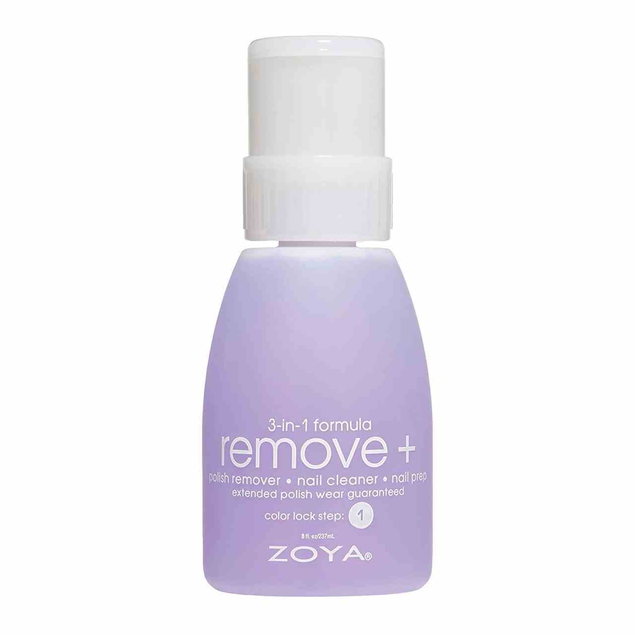 Zoya Remove+ Nagellackentferner 3-in-1-Formel Lavendelflasche mit weißem Deckel auf weißem Hintergrund