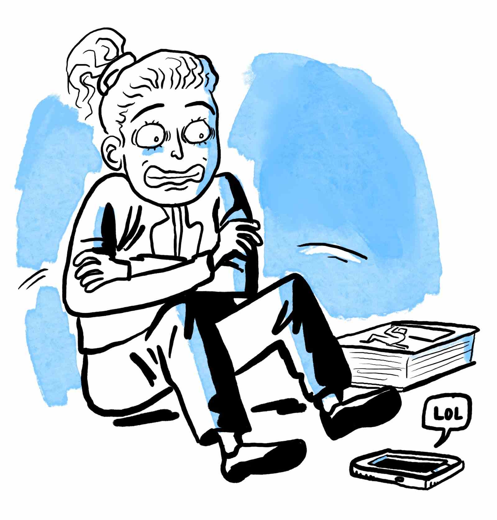 Frau sitzt mit ihrem Telefon und einer Ausgabe von Atlas Shrugged auf dem Boden.
